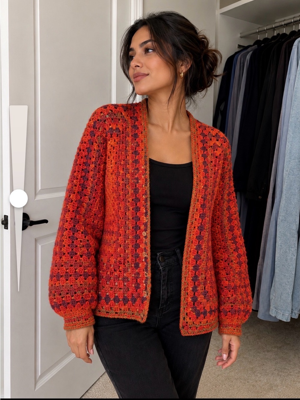 Hand-Crocheted Orange Multi-Color Women's Cardigan Sweater Hand made.